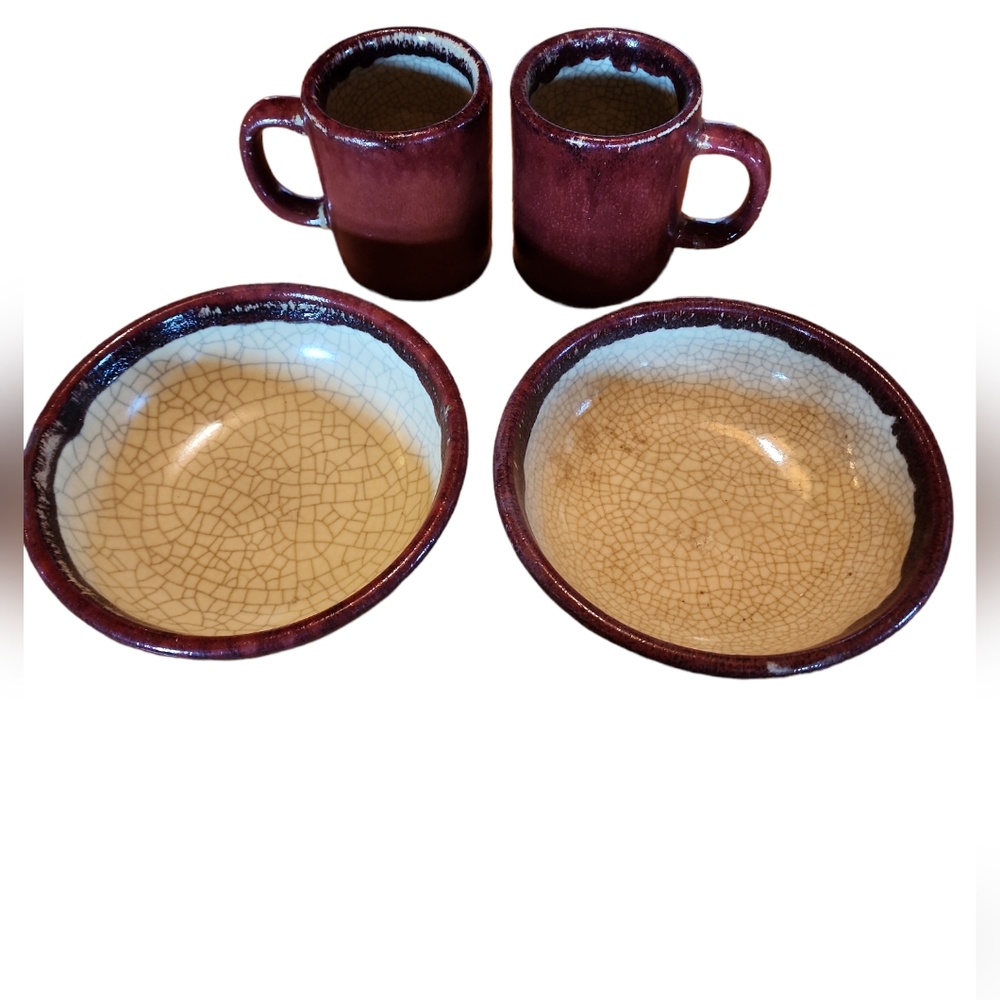 Red/Burgandy Crackled Pottery Bowls and Mugs
